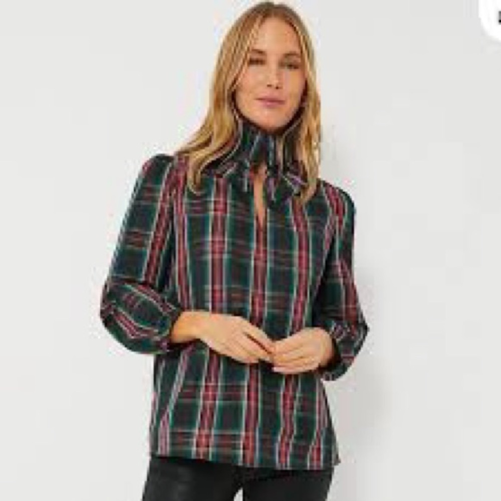 Tuckernuck Highland Bouvier tartan ruffle collar blouse red green size small